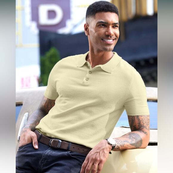 Mainfini Men's Knit Button Polo Shirts Beige XXL - Picture 2 of 10